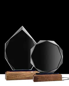 Blank Handmade Crystal Awards Custom Logo Trophy With Wooden Base For Winners With Nice Gift Box Package