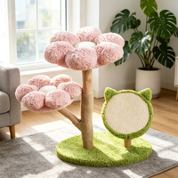 Pettoyglobal 72.5cm Pohon Kucing Motif Bunga Pink dengan Dua Tempat Bertengger Berbentuk Bunga, Papan Garuk Sisal dengan Telinga Kucing, Batang Melengkung MDF Ramah Lingkungan - Mainan Kucing
