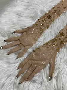 Guanti Lunghi in Rete con Strass Dorati, Accessori Scintillanti per Feste in Discoteca, Spettacoli sul Palco, per <span class=keywords><strong>Donne</strong></span>, Cantanti e Ballerine - Product Image 5