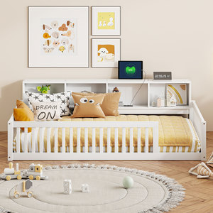 White Childrens Bed With <b>Storage</b> Shelf And Safety Rails For Bedroom <b>Kids</b> Furniture - Product Image 2