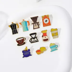 22 Styles coffee brooches custom design mini coffee beans pot metal soft enamel pin lapel badges