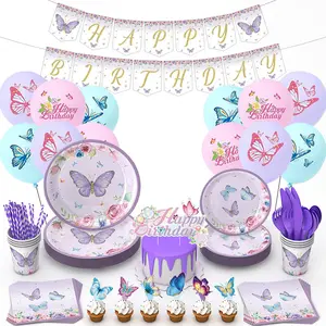 LUCKY Product Butterfly Birthday Party Decoration Purple Girls Favor Party Tableware Paper Plates Cups Napkins Party Supplie