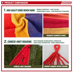 Canvas Hammock with Wooden Spreader Bar, Portable Anti-Tip Camping Garden Outdoor Cotton <b>Swing</b> Hammock with <b>Ropes</b> - Product Image 3