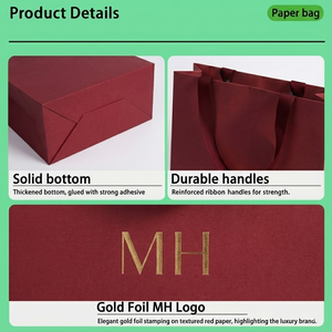 أكياس تسوق ورقية فاخرة صديقة للبيئة ومقاومة للماء باللون الأحمر الداكن من ماركة MH مع شعار ذهبي ومقبض مثقب للهدايا الراقية - Product Image 2