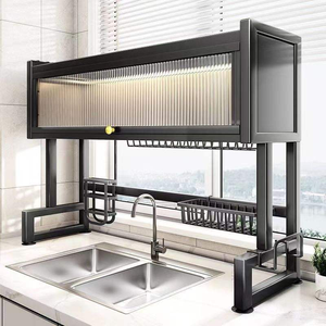 Égouttoir à vaisselle polyvalent en métal pour évier, en acier au carbone épaissi, organisateur de rangement de cuisine avec plateau d'égouttage et couvercle anti-poussière - Product Image 6