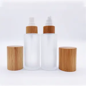 Paquete de cosméticos con tapa de bambú directo de fábrica 30ml 50ml 60ml 80ml 100mL 120ml Botella de loción de vidrio esmerilado