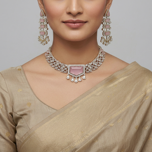 Ensemble collier et boucles d'oreilles en pierre rose de luxe, plaqué or, zircone cubique, bijoux de mariage pour femmes - Product Image 1