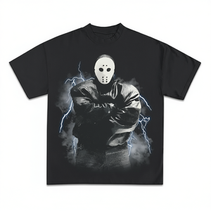 T-Shirt Oversize Vintage con Grafica Maschera da Hockey, Stile Streetwear Y2k, Manica Corta in Cotone Jersey, Logo Stampato sul Davanti - Product Image 1