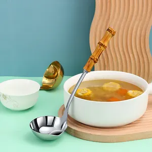 बांस संभाल सूप चम्मच स्टेनलेस स्टील सूप खाना पकाने के तेल के लिए पानी सूप विभाजक चम्मच