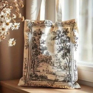 Sac fourre-tout vintage en <span class=keywords><strong>toile</strong></span> <span class=keywords><strong>de</strong></span> <span class=keywords><strong>Jouy</strong></span>, imprimé paysage gravé à l'aquarelle, sac à bandoulière réutilisable et écologique pour le shopping - Product Image 2