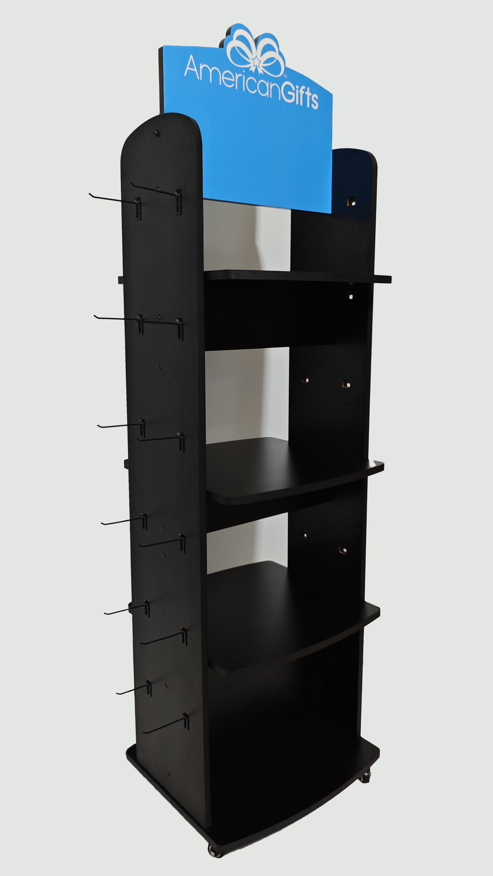 Beverage Bottle Wood Display Racks 4 Tier Wooden Shelf with Side Hooks and Caster — view 5