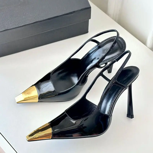 Sandalias de tacón alto de aguja con punta cuadrada dorada de metal para mujer, talla grande 44, con correa trasera y diseño slingback, zapatos de charol. - Product Image 2