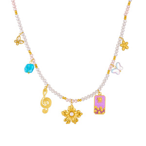 European American Style Retro Beaded Necklace With Sunflower Musical Note Butterfly Charm For Party Fashion Jewelry - Product Image 5