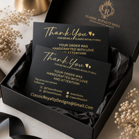 Cartes de remerciement noires personnalisées imprimées avec script doré et poignées sociales pour les packs d'commandes d'entreprises artisanales