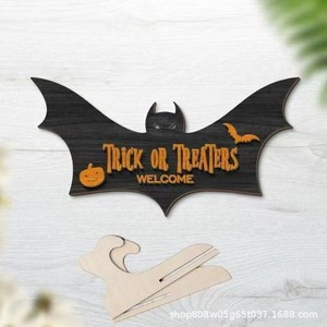 Halloween <b>Wooden</b> Bat <b>Sign</b> Trick Or Treaters Welcome <b>Home</b> Desktop Decoration Animal Shape Retro Color Solid Wood Prop - Product Image 5