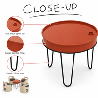 Ensemble de mobilier de restaurant personnalisé en fer, style fût d'huile, 4 chaises, 1 table ronde avec sièges rembourrés pour espaces commerciaux