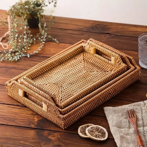 Unique Design Rattan Woven <b>Tray</b> Rustic Rattan Rectangle <b>Tray</b> With Handles for Serving <b>Dinner</b> Party Coffee - Product Image 5