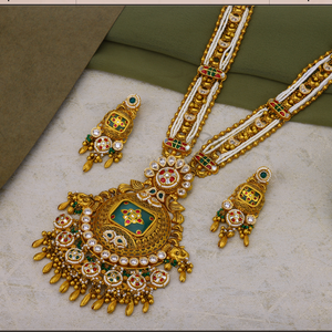 Grand traditional gold <b>long</b> necklace set with temple motifs colorful stones layered chain and <b>matching</b> earrings for bridal wear - Product Image 1