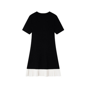 Robe en tricot plissée à col rond, à manches courtes, à simple boutonnage, contrastée en noir et blanc, de haute qualité, pour femmes, style français - Product Image 2