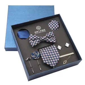 Conjunto de regalo de negocios novedad adultos Azul Marino-blanco y rojo a cuadros corbata broche gemelos Barra de corbata con caja de regalo corbatas de poliéster