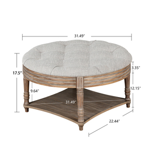 Large Round Waterproof Ottoman Coffee <b>Table</b> 2 Tier Button Tufted With Wooden Shelf Storage Farmhouse Style - Product Image 6