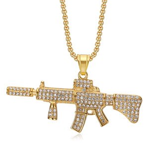 Collana con Ciondolo LUOYUNE all'ingrosso, alla moda, hip hop, con zirconi cubici, placcata oro 18K, in ottone, a forma di pistola <span class=keywords><strong>UZI</strong></span>, gioiello da uomo, idea regalo - Product Image 3