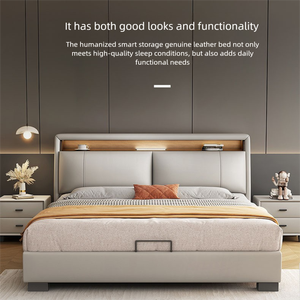 <span class=keywords><strong>Lit</strong></span> de rangement moderne et luxueux en cuir véritable avec tête de <span class=keywords><strong>lit</strong></span> rembourrée, veilleuse LED et tiroirs pour chambre principale ou appartement - Product Image 2