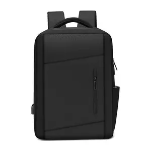 高品质黑色USB书包男女通用防水笔记本背包，带定制标志和办公电脑尼龙衬里