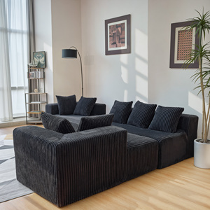Ensemble de canapé modulaire en forme de U, 130 pouces, 4 places, avec chaise longue, design réversible, tissu en velours côtelé rayé en éponge, NOIR - Product Image 5