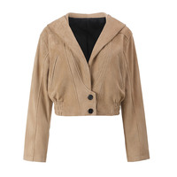 Veste bomber courte à capuche en cuir suédé de chèvre véritable pour femme, couleur camel, à revers ouverts, fermeture boutonnée, avec poches passepoilées