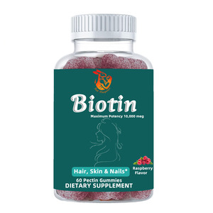 Gummies à la saveur de framboise à la biotine favorisent la croissance de cheveux longs et sains, renforcent les ongles, et favorisent une peau éclatante et ferme. Gummies à la pectine. - Product Image 1