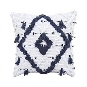Bohemian Wool <b>Throw</b> Pillow Cover <b>White</b> Navy Geometric Tufted Tassel Non-Toxic Removable Washable for Living Room Sofa Home Decor - Product Image 1