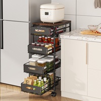 Étagère de rangement à 4 niveaux avec roulettes, dessus en bois et structure métallique, pour fruits, légumes et pâtisseries, avec tiroirs, pour le rangement de la cuisine et des collations