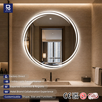 Miroir LED rond intelligent pour hôtel avec affichage de l'heure numérique, double éclairage, anti-buée, intensité réglable, idéal pour les projets de chambres d'hôtel de luxe