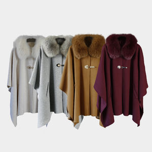 Nouvelle arrivée 2026 Poncho en <span class=keywords><strong>laine</strong></span> mélangée pour femmes Taille unique Style décontracté Cape pour femmes avec col en vraie fourrure de renard - Product Image 1