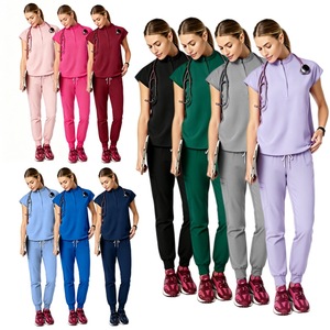 Women Hospital <b>Scrub</b> Set Short Sleeve Moisture Wicking Knitted Split Uniforms For Dental Cosmetic Surgery - Product Image 2