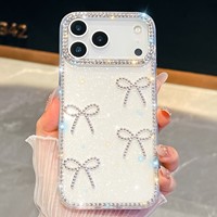 Coque de téléphone transparente antichoc en acrylique pour iPhone 17 Pro Max 18 Pro 18 17 16 15 14 13 avec design nœud scintillant rose