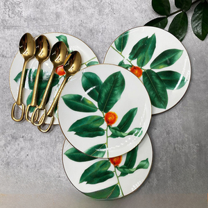 Hotel Restaurant Exquisite Bone China Dim Sum <b>Plate</b> 4 Pieces Set with Gold Spoon - Product Image 2