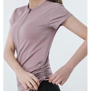 Camiseta de yoga para mujer con media cremallera y cordón lateral fruncido, transpirable, de manga corta, para entrenamiento, pilates, running y deportes. - Product Image 3