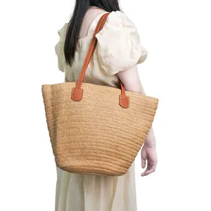 여성을위한 대형 밀짚 가방 밀짚 여행 해변 토트 가방 짠 여름 토트 수제 숄더백 핸드백