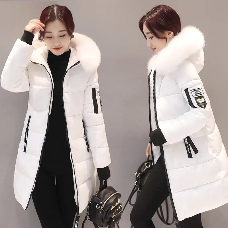 Wholesale Winter Long Hoodie Zipper Patched Fur Light Down White Jacket Women Cotton