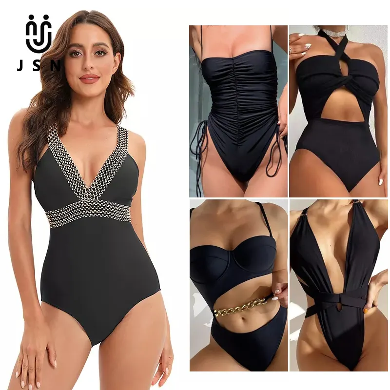 JSN71009 fabbrica all'ingrosso costumi da bagno classico nero costume da bagno intero da donna halter cut out bikini sexy