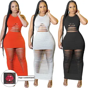 Custom Apperal Dames Outfit 2021 Lente Shollow Uit Perspectief Gown Womens 1 Pc Sexy Outfits Mouwloze Rok Midi Jurk