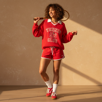 Ensemble de survêtement de tennis pour femmes, sweat-shirt à col polo contrasté, short de sport imprimé, rouge et blanc, 2 pièces, vente en gros