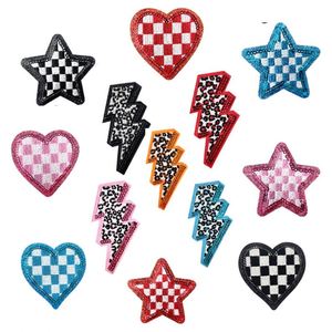 Iron on Glitter Edge Sequin Embroidery Checker Heart <b>Star</b> Leopard Print <b>Lighting</b> Patch for Hat Hoodies Decoration - Product Image 1