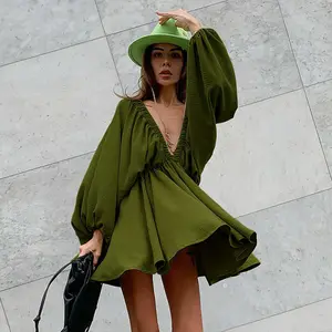 Autumn Deep V neck Midi Dress Army Green Puff Sleeve Casual Short Dress For Sale