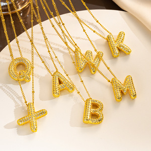 Luxury 18K Gold Plated Stainless Steel Initial Necklace for Women Classic Style Letter Pendant with CZ Zircon <strong>Beads</strong>