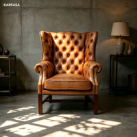 Fauteuil Chesterfield à dossier haut en cuir pleine fleur, capitonné, avec garniture cloutée, pieds en bois massif, pour salon et bureau à domicile