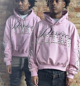 <span class=keywords><strong>Felpa</strong></span> con Cappuccio Corta Y2K Gotica Streetwear Rosa con Bordi Sfrangiati e Grafica con Lettere in Strass Oversize - Product Image 1