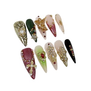 Ongles acryliques dorés luxueux à couverture complète faits à la main, à presser, de longueur moyenne, pré-conçus et sculptés, 10 pièces d'ongles portables - Product Image 3